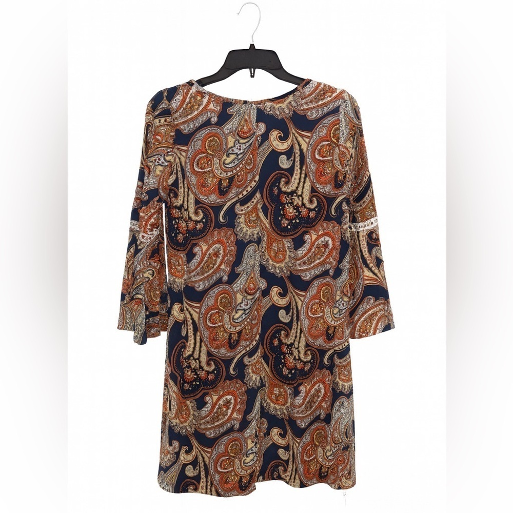 SJS Women’s Size Small Blue & Orange Paisley Shift Dress Split Sleeves Lace Band - Picture 2 of 2